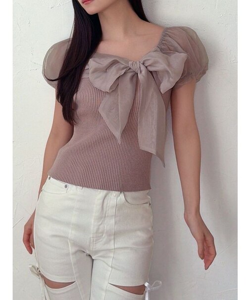 シアーリボンドッキングニットトップス