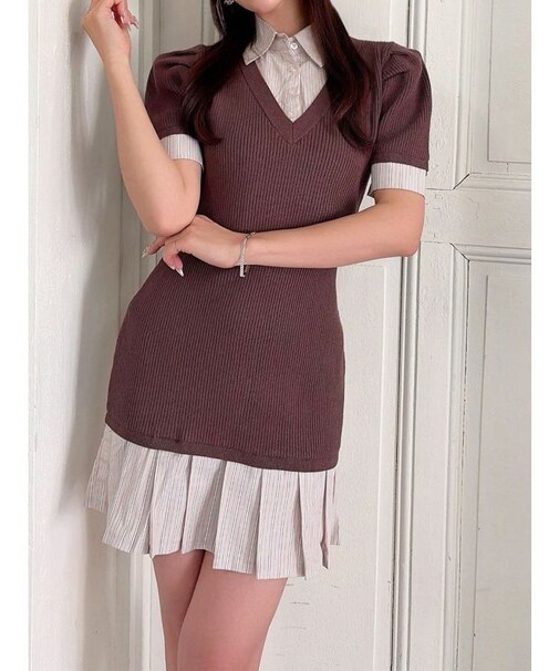 シャツレイヤードミニニットワンピース