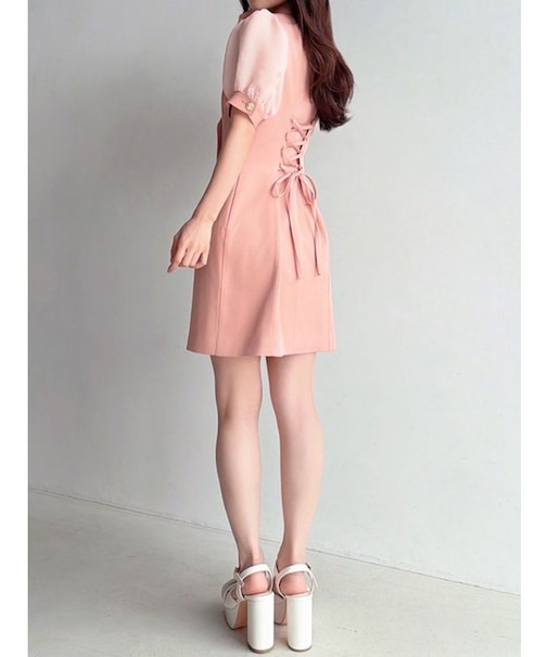 レースアップスリーブシアーワンピース