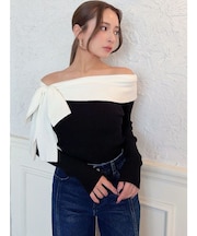 サイドリボンオフショルニットトップス