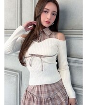 チェックシャツドッキングニットトップス【セットアップ着用可能】