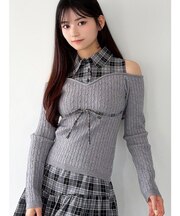 チェックシャツドッキングニットトップス【セットアップ着用可能】