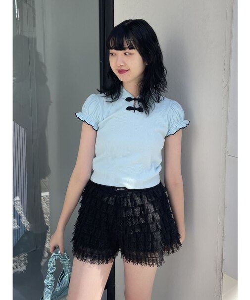 パフスリーブチャイナポロトップス