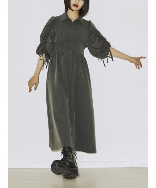 ギャザースリーブシャツワンピース