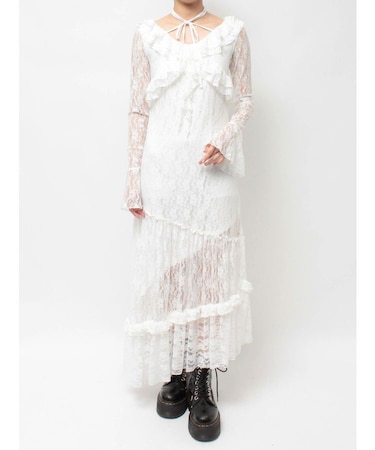 ラッフルフリルレースロングワンピース