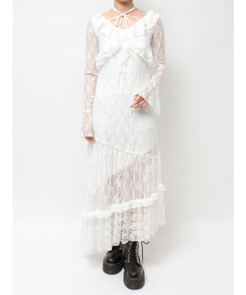 ラッフルフリルレースロングワンピース