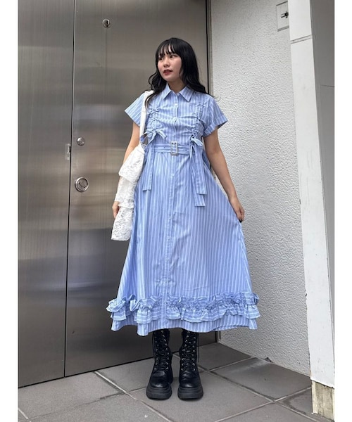 美品 セオリー シャツワンピース ティアード リボン イタリア製生地 ブルー S ギャザーリボンシャツワンピース｜ジュエティの通販｜&mall（アンド
