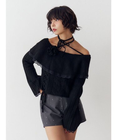 フリルレースオフショルトップス