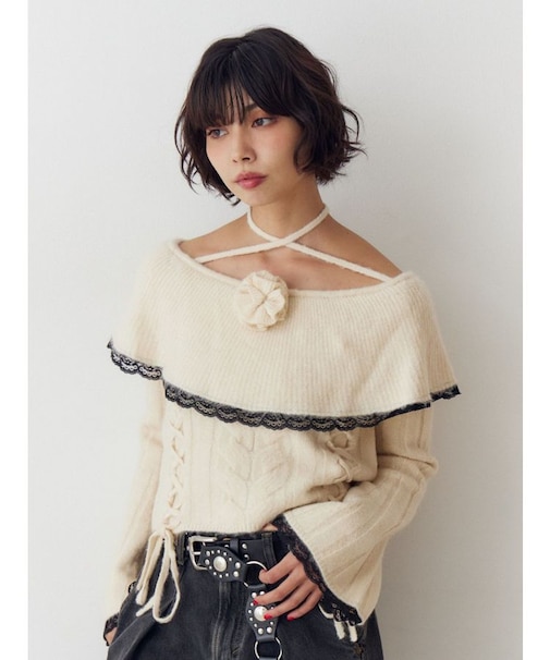 フリルレースオフショルトップス