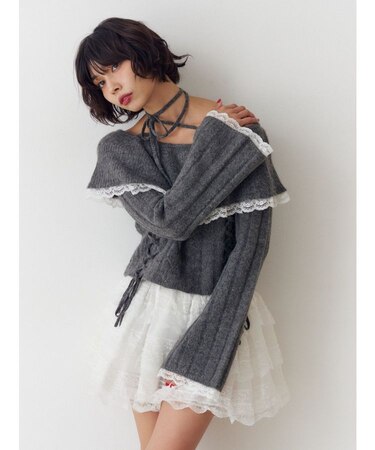 フリルレースオフショルトップス