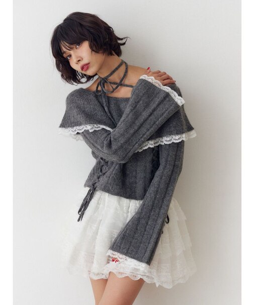フリルレースオフショルトップス