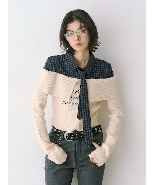 シャツレイヤードオフショルニット