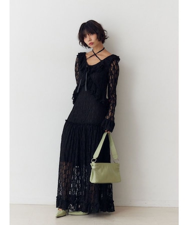 ラッフルフリルレースロングワンピース