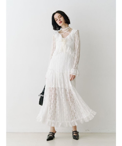 ラッフルフリルレースロングワンピース