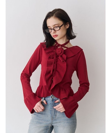 ラッフルフリルコサージュニット