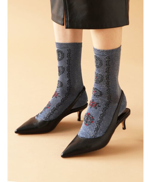 フロントビジューブローチ柄ソックス