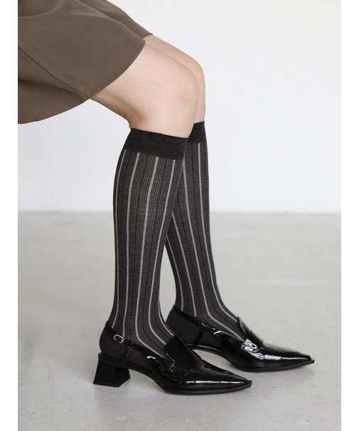 毛混スパイラルストライプハイソックス