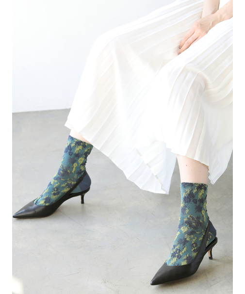 綿麻クレープにじみフラワーフロートショートソックス