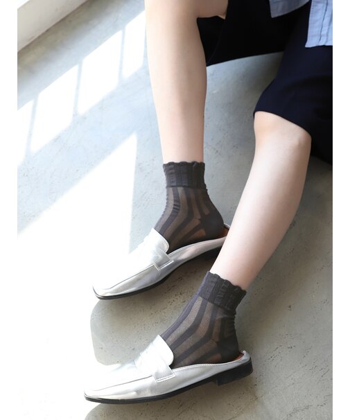 太ストライプメッシュショートソックス