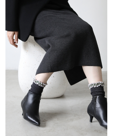 毛混 リボンフリル付ショートソックス