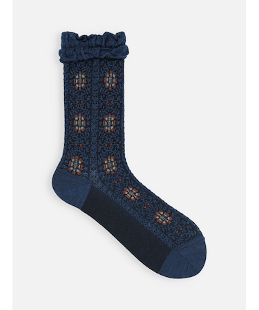 毛混フロートアンティーク調花柄ストライプソックス