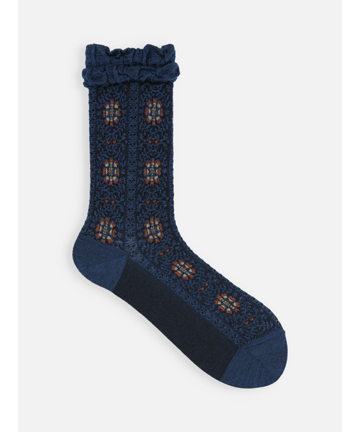 毛混フロートアンティーク調花柄ストライプソックス