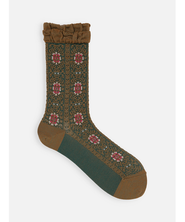 毛混フロートアンティーク調花柄ストライプソックス