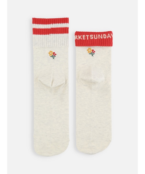 折り返しもできる2本ラインフラワー刺繍ソックス