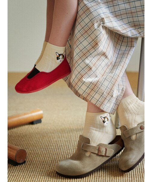 キッズ わんにゃん刺繍ショートソックス / 19-21?