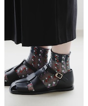 シアーストライプフラワー柄ショートソックス