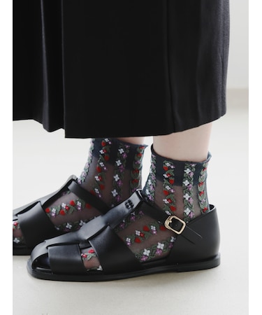 シアーストライプフラワー柄ショートソックス