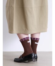 レイヤード風バッグタグ付ストライプミディ丈ソックス