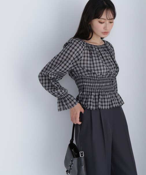 チェックペプラムブラウス