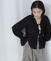 フロントリボンシアーチェックブラウス*
