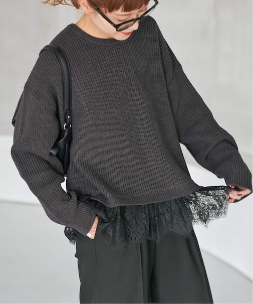 レースドッキング畦ニットプルオーバー