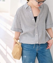 リネンブレンドハーフスリーブヘムギャザーシャツ