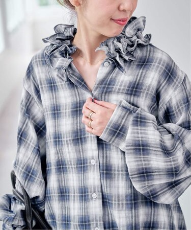 《別注》crinkle check frill collar shirts*
