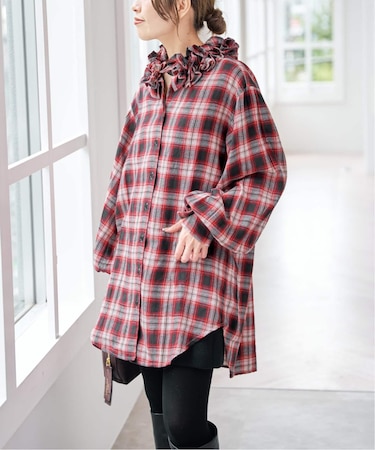 《別注》crinkle check frill collar shirts*
