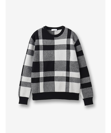 ウールカシミヤ チェック柄クルーネックニット