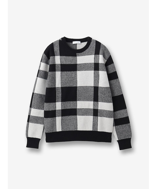 ウールカシミヤ チェック柄クルーネックニット