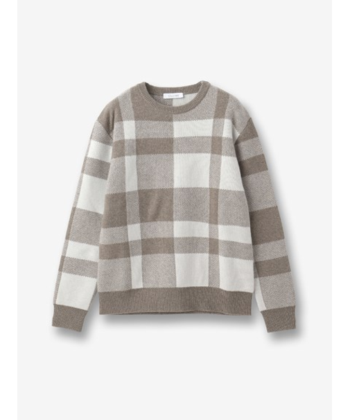 ウールカシミヤ チェック柄クルーネックニット