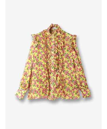 小花柄前立てフリルサテンブラウス