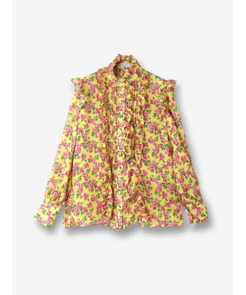 小花柄前立てフリルサテンブラウス