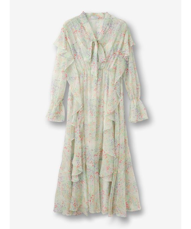 フラワー柄ボウタイラッフルワンピース