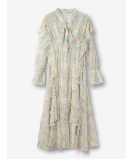 フラワー柄ボウタイラッフルワンピース