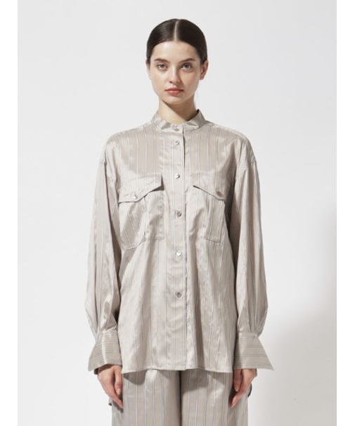 シルク ストライプバンドカラーシャツ