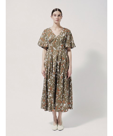 リネン プリント柄 フレアスリーブワンピース