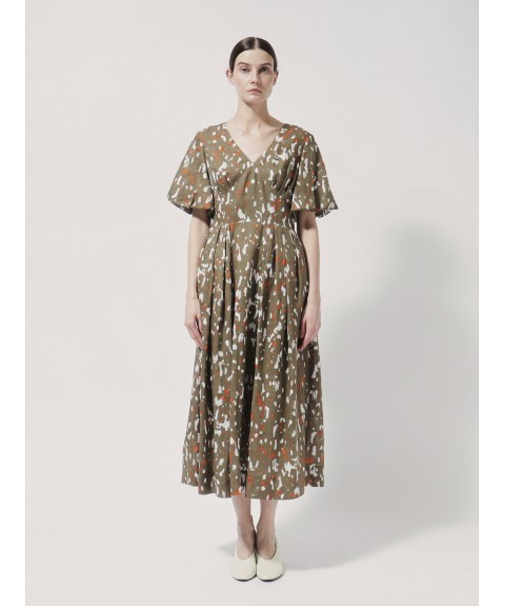 リネン プリント柄 フレアスリーブワンピース