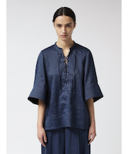 リネン混デニム バンドカラーブラウス