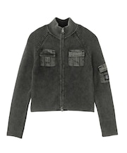 FADED WOVEN MIX ZIP UP KNIT TOP